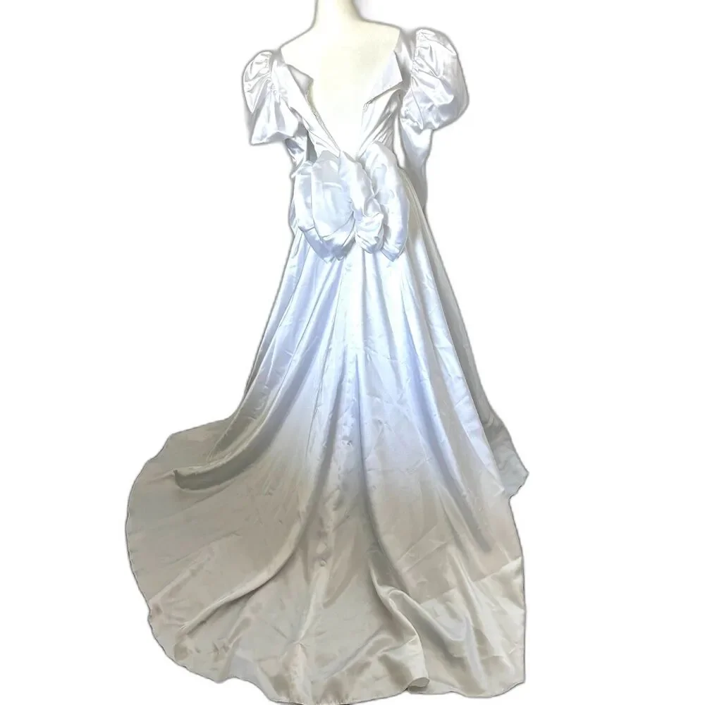 VINTAGE WEDDING DRESS Preference Satin Beaded Puff-Sleeves Bustle-bow Train Sz 1